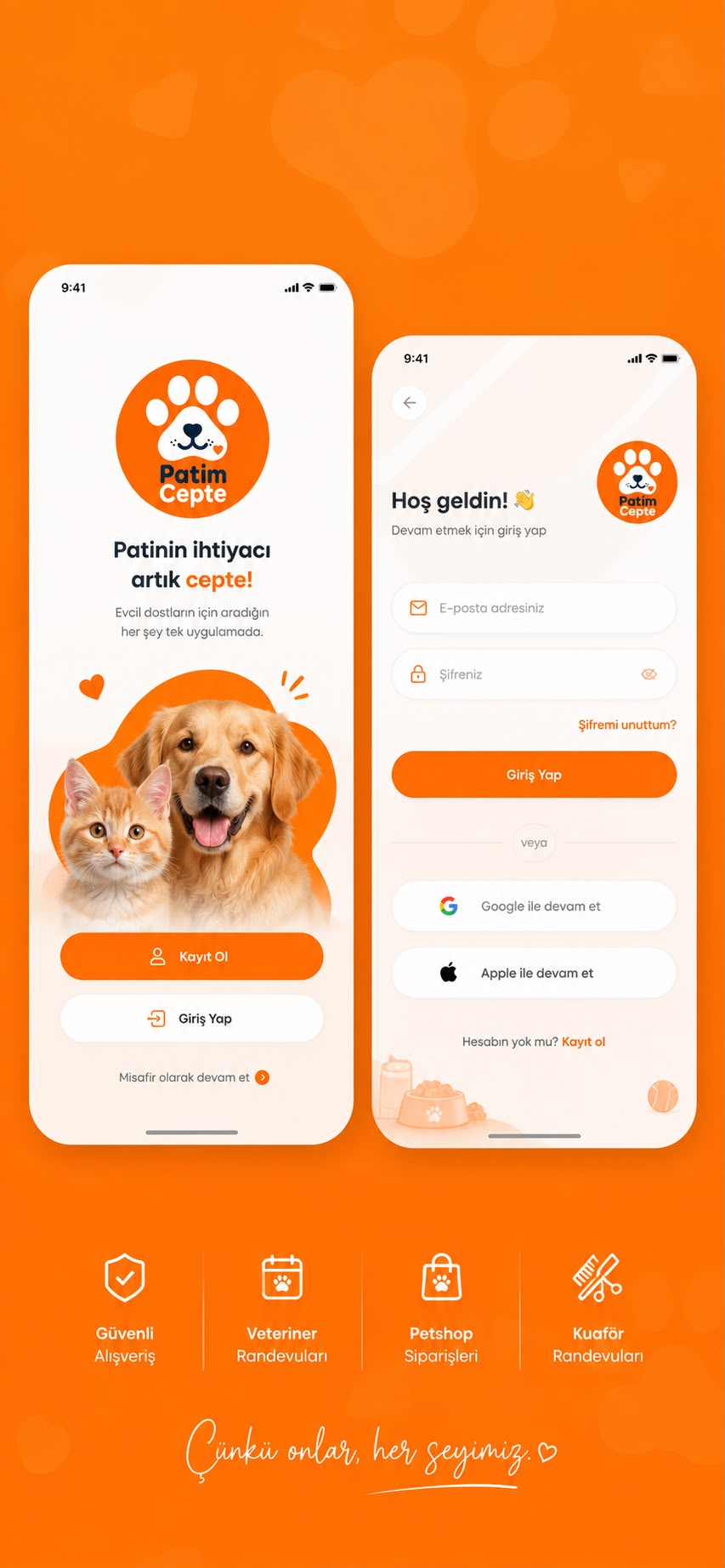 Patim Cepte mobil uygulamasının giriş ve kayıt ekranlarını gösteren tanıtım görseli
